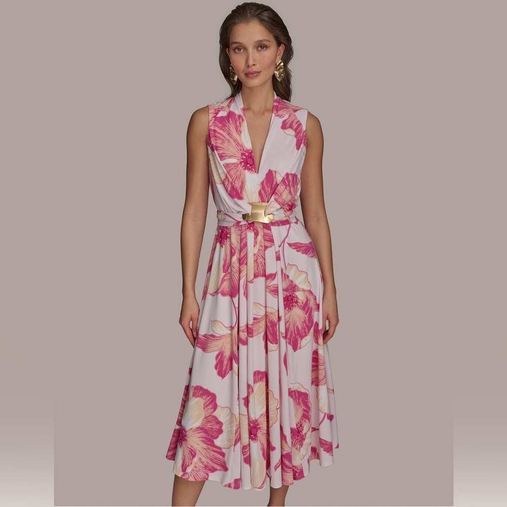 NWT Donna Karan Floral A-Line Midi Dress. Size 12. Misty Rose Pink - Picture 10 of 10